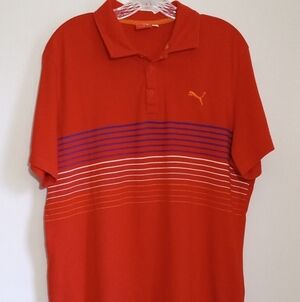 Puma burnt orange Polo pullover with blue and light orange stripes men X large